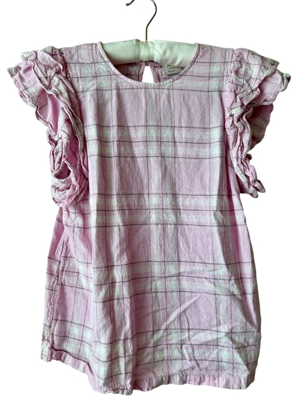 Short Sleeve Blouse Pink Gray White Plaid Double Ruffle Sleeve A New Day Small - Picture 11 of 12